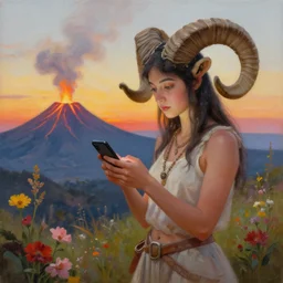 painting by senior concept artist josephine wall, horned ram goddess checking her cell phone, erupting volcano and sunset in distance in background, flowers in foreground