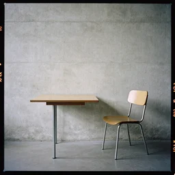 kodak portra 4 0 0, 8 k, highly detailed, britt marling style, award winning colour still - life portrait of a rough concrete wall, square picture frame. a minimalistic 1 9 4 0 s table and a minimalistic 1 9 4 0 s chair on the floor, 1 9 2 0 s minimalism style, slant view