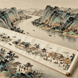 a long horizontal scroll, the vast rivers and rivers, the undulating mountains constitute a wonderful landscape of regions south of the Yangtze River, the fishing village wild market, the water pavilion, the thatched grass hut, the water mill long bridge and other quiet scenery interspersed with fishing, boating, playing, catching up with the market and other moving scenes, extremely delicate and nuanced portrayal of the characters, Chinese landscape painting