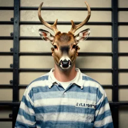 deer headed man wearing striped prison clothing, colorized old jail mugshot