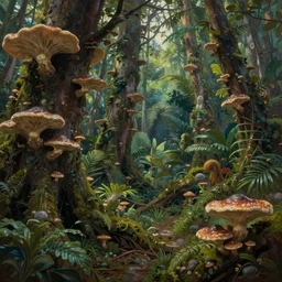 tropical forest covered in fungus, extremely detailed oil painting, unreal 5 render, rhads, sargent and leyendecker, savrasov levitan polenov, bruce pennington, studio ghibli, tim hildebrandt, digital art, landscape painting, octane render, beautiful composition, trending on artstation, award winning photograph, masterpiece