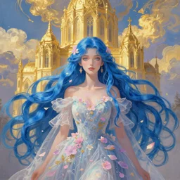 breathtaking detailed painting by pilyeon and teffish on artstation, a full shot queen with long flowing bright blue hair, gauze dress and pastel flowers petals and golden tumultuous clouds, symmetrical facial features, at dawn in front of a pristine golden art nouveau cathedral, elegant, highly detailed, artstation, concept art, matte, sharp focus,