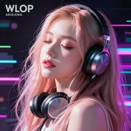beautiful portrait of a woman with pastel long hair with her eyes closed with headphones on in the style of a code vein character, dahyun from twice in code vein in the style of WLOP, artgerm, yasutomo oka, rendered in unreal engine and redshift octane , dynamic dramatic lighting, soft lighting, imagine fx, artstation, cgsociety, by Bandai Namco artist, background i surrounded by neon glitch effect