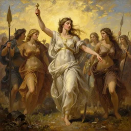 the goddesses fraya going to war with her army, oil painting, golden hour, 8 k uhd, high detail, awe - inspiring.