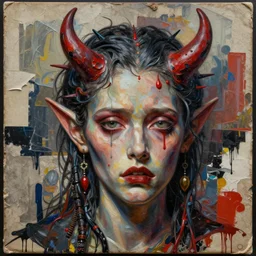 heartbroken aesthetical devil detailed and highly reliefed analogue mixed media collage with canvas texture in style of conteporary art, punk art, hyperrealistic beautiful face, photorealistic, expressionism, masterpiece, perfect composition, spectacular quality, intricate oil details