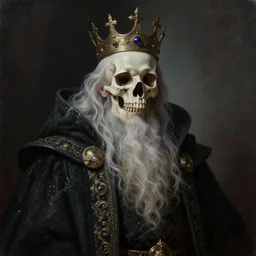 an elder lich with a magnificent robe and crown, portrait, realistic skull, sinister atmospheric lighting. highly detailed painting by greg rutkowski.