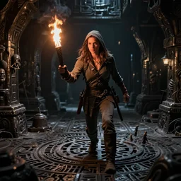 kate beckinsale as dnd thief hold torch and sneaking through the dungeon full of death traps, carved floor, walls around, full darkness, fantasy digital art, 4k