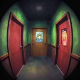 dimly lit, theater access corridor, 3 doors, day of the tentacle style, fish eye, by Makoto Shinkai and Wojtek Fus, by studio trigger, rossdraws, ambient occlusion, clean lineart and color, vibrant