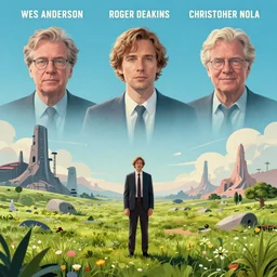 A movie poster for an indie short film with a man in a peacful apocalyptic landscape, Wes Anderson, Roger Deakins, Christopher Nolan, Highly Detailed, Stylized, Digital Art