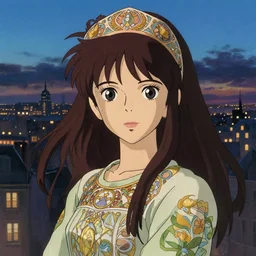 anime girl, twilight city backdrop, art by studio ghibli and ilya kuvshinov, portrait, intricate, highly detailed, digital painting, trending on pixiv fanbox, trending on artstation, concept art, sharp focus, illustration art by artgerm and greg rutkowski and alphonse mucha