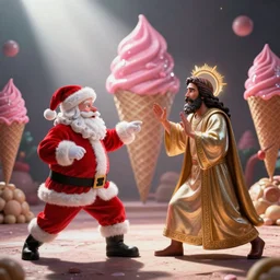 Santa and Jesus 80s movie action battle, pink crying ice cream in the background