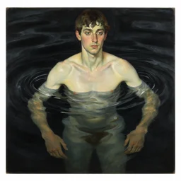 hyperrealist painting full body in a black water wave, wet by lucian freud and bouguereau, alphonse mucha,, very detailed faces