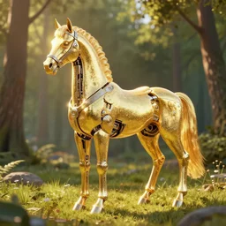 a cybernetic horse, armor glittering in the golden sun, in a woodland clearing, long - shot, sci - fi character design, 3 d octane render