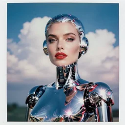 analog polaroid portrait of an attractive chrome female robot looking at the camera, beautiful, red lipstick, vintage science fiction, sheen, red reflections, unreal engine, azure sky, big clouds visible, sunlight, reflection, sparkles, lensflare, film grain, depth of field, color bleed
