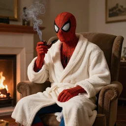 in a cozy room sits on an armchair by the fireplace spiderman in a terry bathrobe and holds a smoking pipe in his hands, realistic light, soft light, focus, depth of field, photorealism, 8 k quality, high quality, realistic style, painting by francisco goya