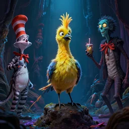 beware the jubjub bird, and shun the frumious bandersnatch! | lewis carroll and hp lovecraft with doctor seuss and hr giger pastel high contrast cinematic light, mystical shadows, sharp focus, divine realm of gods, octane render