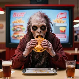 the strange creature eats a cheeseburger, at the fast food restaurant, television commercial, directed by david cronenberg studio lighting, extremely professional