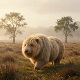 large fluffy unknown creature roaming the heathland, trees sparsely!!! sprinkled, fog, rain, volumetric lighting, beautiful, golden hour, sharp focus, ultra detailed, cgsociety