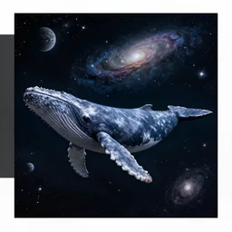 high quality photo of big whale floating in dark beautiful space filled with stars, planets and galaxies, photorealism, 8k, rendered by unreal engine