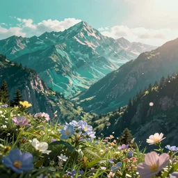 mountain landscape in spring, flowers, teal landscape, dreamy light, sunny, floating particles, complementary palette, by and jacek yerga and jesse king, pop surrealist, wiccan, unreal engine, bokeh, detailed