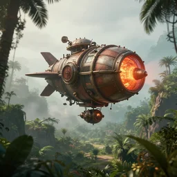big hot air flying machine steampunk, in a jungle valley, foggy, octane render, volumetric, unreal engine, depth of field