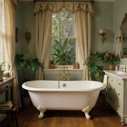 a painting of a romantic victorian bathroom, an antique white clawfoot bathtub, curtains, plants, wooden floor, soft lighting from the left, by wes anderson, jeremy lipking, ron hicks, joseph todorovitch