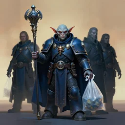 full character potrait of genetic combination between goblin & plastic bag, holding a ceremonial staff, wearing a cloak, zdzislaw beksinski, lewis jones, dariusz zawadzki, wayne barlow, warhammer fantasy, cold hue's, warm tone gradient background, concept art, 4 k, ultra - high - definition