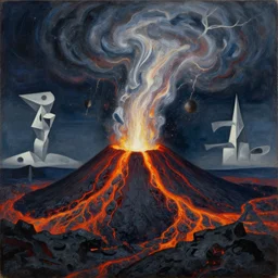 vulcano, lava, thunder, surreal by dan mumford and umberto boccioni, oil on canvas