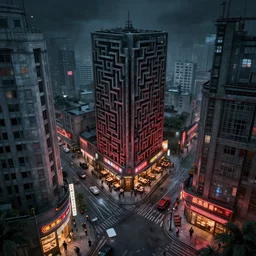 street, buildings 1 0 0 floors, office, cafe, restaurant, food showcase, maze, horror, nightmare, human meat