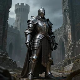 a very large and heavy female knight with dark iron armor and helmet | dark fantasy | in a ruined castle | Dorian Cleavenger |