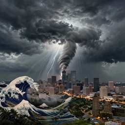 an ultradetailed landscape painting of a tropical storm over houston, looming ominous over a city, hurricane, lighting, tornados, intricate detail, cinematic, 8 k, cel shaded, volumetric lighting, octane render, art by greg rutkowski, jeong seon, hokusai, in the style of magic the gathering