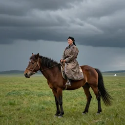stormy, a mongolian woman leads a horse on the grassland, by craig mullins