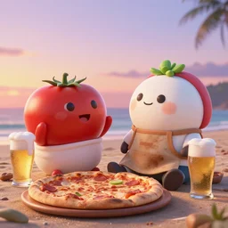 a king tomato character on a romantic date with a queen mozzarella character, relaxing on the beach with a pizza in the sunset, foaming beer, dirty apron, extremely detailed 3 d render, octane render, octane, ray tracing, evening sky, 4 k, pixar
