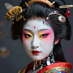 A cybernetic geisha face, geisha face paint, cyborg, intricate artwork by Tooth Wu and beeple, greg rutkowski and artgerm and justin gerard, cinematic, hyper realism, high detail, octane render, unreal engine, 8k, Vibrant colors, Smooth gradients, High contrast, depth of field, aperture f2.8