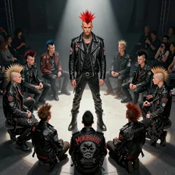 punk rock hardcore mohawks spikes leather jackets patches in a circle pit for a fashion show illustrated by wayne d barlowe morbius