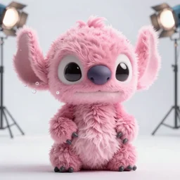 an adorable alien creature with fluffy pink fur, highly detailed body, photorealistic camera shot, bright studio setting, studio lighting, crisp quality, light reflections, unreal engine 5 render,