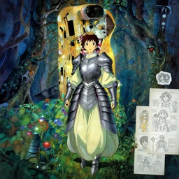 Princess Mononoke, fully clothed in armor, lush fairy forest, neon, concept art, schematics, studio ghibli, gnarly trees, painted by gustav klimt,  norman rockwell, mucha, james gurney, high detail, denoised, sharp, architectural