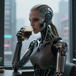 a terminator cyborg lady with borg implants is drinking coffee near a window with dystopian city visible outside. tiny green led lights in her cybernetics. very detailed 8 k. horror cyberpunk style.
