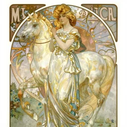 A blonde horsewoman by Alphonse Mucha