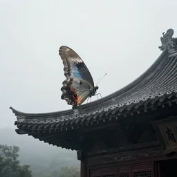 on a hazy, overcast morning, a giant butterfly perched on the roof of an ancient chinese building, by craig mullins