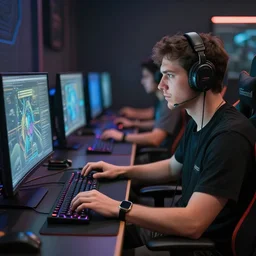 realistic man using pc in gaming room, artstation trends, sci fi concept art, highly detailed, intricate, sharp focus, digital art, 8 k