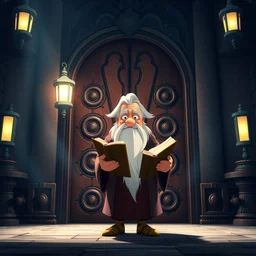 a wholesome animation key shot of an old wizard holding a book standing in front of an elaborate wooden door by studio ghibli, animation, sharp, rendered in unreal engine 5, focused, anime key art by greg rutkowski, bloom, dramatic lighting