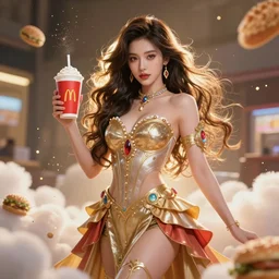 a beautiful female goddess of fast food character, character is in all its glory, character is centered on the image, character is in her natural relaxed pose, rim lights, particles and dust in the air, fancy clouds, highly detailed professional photo, dynamic lights, particles are flying, depth of field, trending on artstation, illustration, hyper realistic, vray caustics, super detailed, colorful accents, cinematic shot