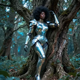 hyperrealistic post - rococo super expressive! black woman with exoskeleton armor, merging with tree in a forest, highly detailed digital art masterpiece smooth cam de leon hannah yata dramatic pearlescent blue teal light ground angle hd 8 k sharp focus