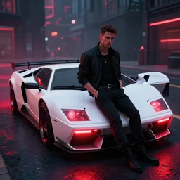 Bladerunner2049 street racing man leaning cool pose on his white sports car with red emissives volumetric lighting Cyberpunk RTX ray marching street