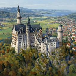 an ultra detailed matte landscape painting of an german renaissance capital city built into the side of a mountain with many tall spirally towers, sweeping vista, small coastal fishing village far in the background, ultrawide lens, aerial photography, 8 k, volumetric lighting, smooth, highly detailed, digital illustration, art by greg rutkowski and akira toriyama and artgerm