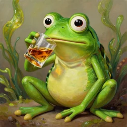 Distinguished Pepe the Frog drinking the finest whiskey in a glass, Algae. Trending on ArtStation and Pixiv. A vibrant digital oil painting. A highly detailed fantasy character illustration by Wayne Reynolds and Charles Monet and Gustave Dore and Carl Critchlow and Bram Sels