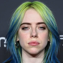 over the top caricature of billie eilish with huge lips and tired eyes