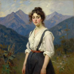 a beautiful woman posing in the mountains, oil painting, 1 8 7 0,