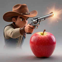 a apple wearing a cowboy hat and shooting a revolver into the air. digital art. trending on artstation. amazing quality. great composition. perfect lighting. professional design. mind blowing detail. impressive colors. award winning art.